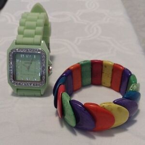 Light Green Rhinestone Accent GENEVA Watch & Multicolor Stretch Bracelet